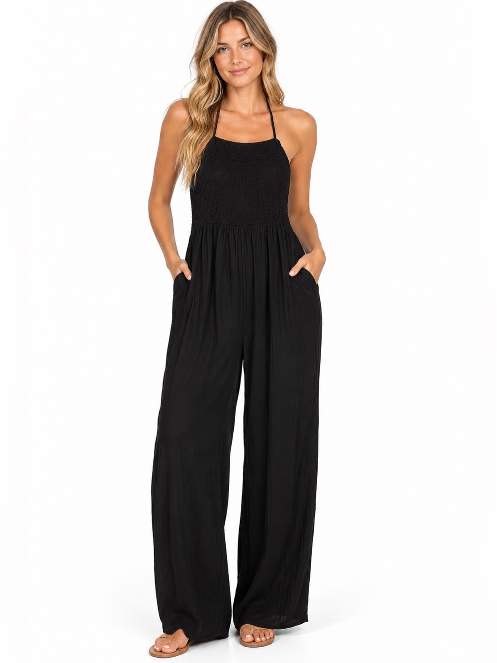 Forever 21 Black Smocked Halter Wide-Leg Jumpsuit with Pockets